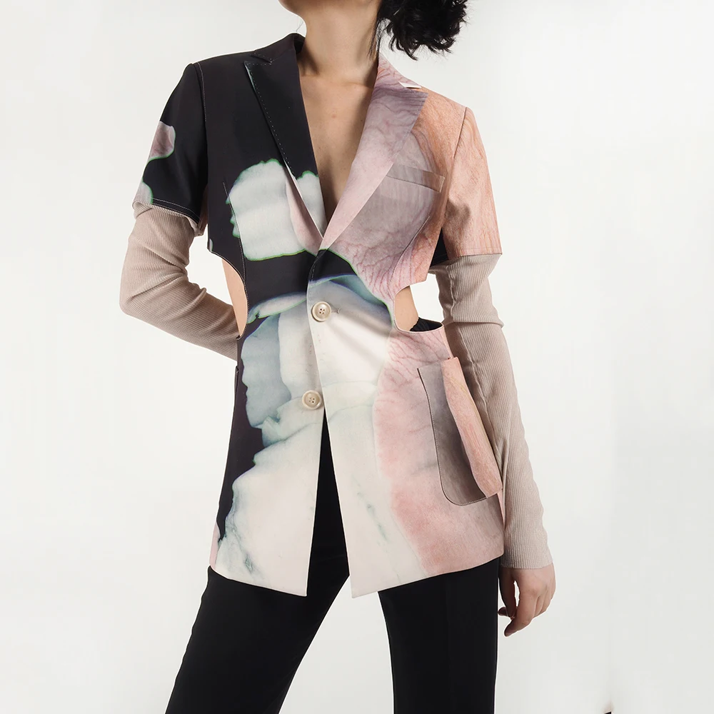 Новинка 2021 Ранняя осень нишевый стиль чернильный принт с боковой талией полые