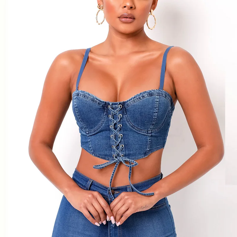 

Womens Y2k Crop Tops Bow Lmitation Denim Super-short Solid Casual Sexy Cross Lace Up Camis