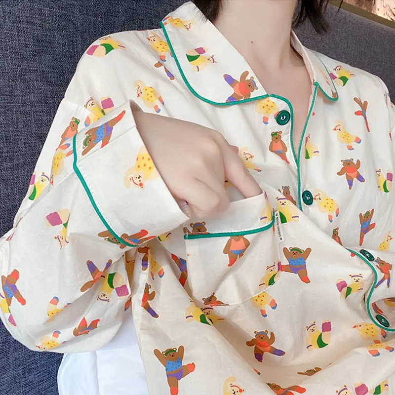 QWEEK Kawaii Pajamas Two Piece Set Spring Autumn Teen Girls Sleepwear Bear Pijamas Loungewear Bedroom Set Pyjamas Nightwear Cute