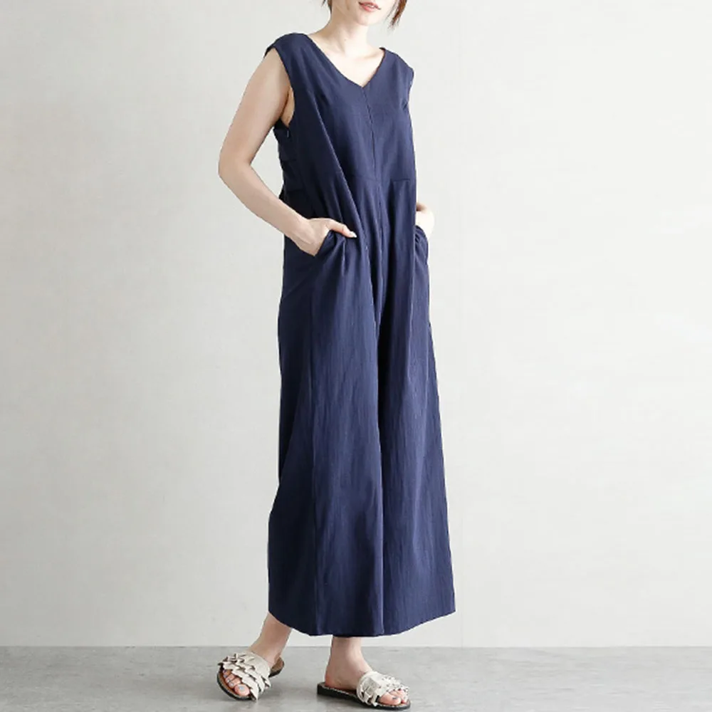 Женский льняной комбинезон без рукавов однотонный Свободный Длинный в Корейском