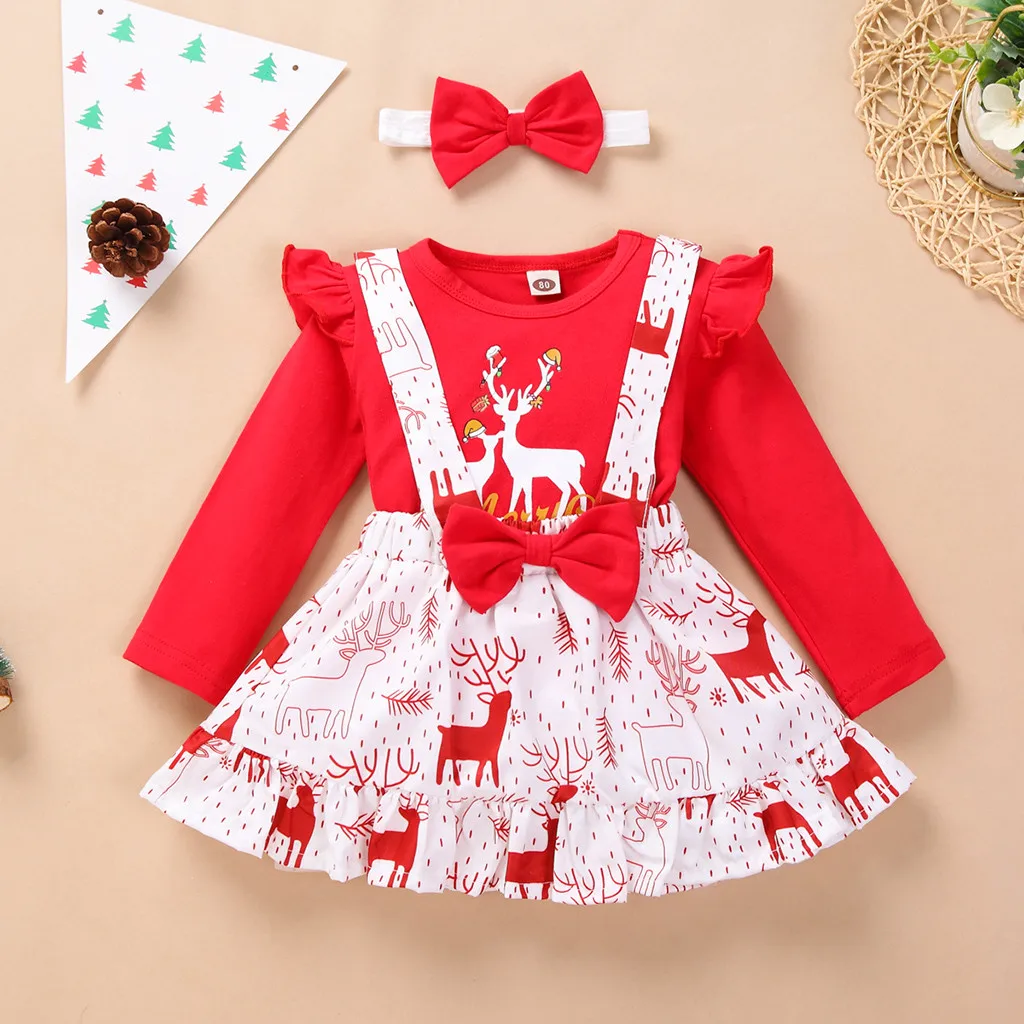 

TELOTUNY Children's clothing Newborn Baby Girl Long Sleeve Deer Tee Tops+Bowknot Suspender Skirt+Headband Set baby girl clothes