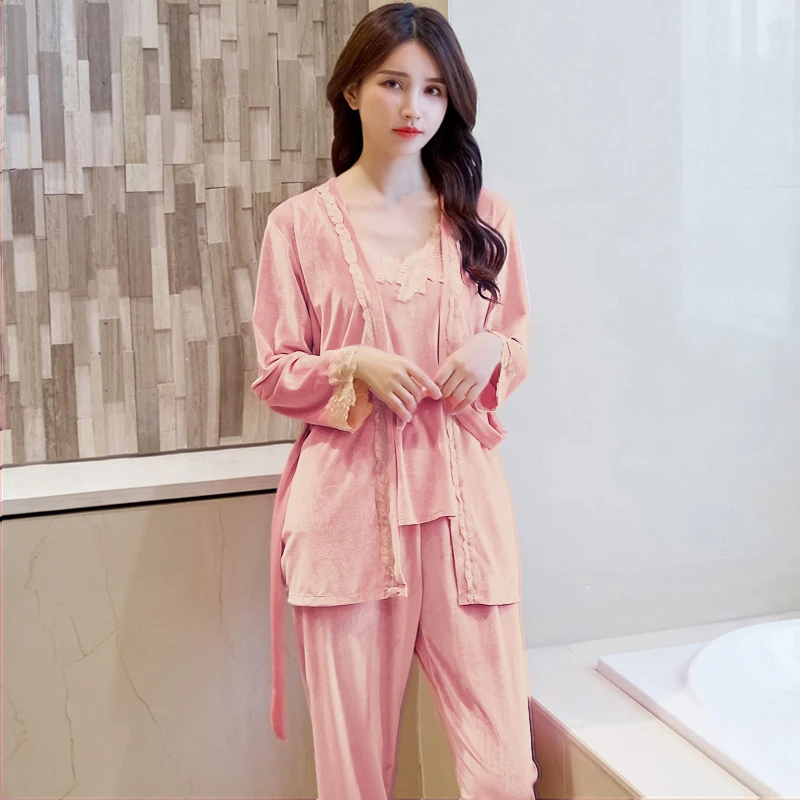 Женский пижамный комплект из 3 предметов бордовый велюровый кружевной Пижамный