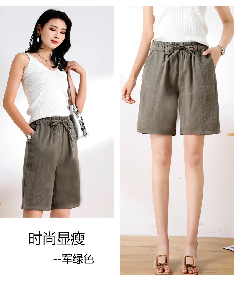 

WenQing Womens Casual Drawstring Elastic Waist Cotton Linen Knee Length Bermuda Shorts