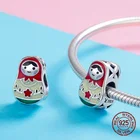 Натуральная 925 серебро эмаль Русская кукла, соответственные Пандоре обаятельные браслеты подвеска Стерлинговое серебро кулон подарок ювелирных изделий DIY