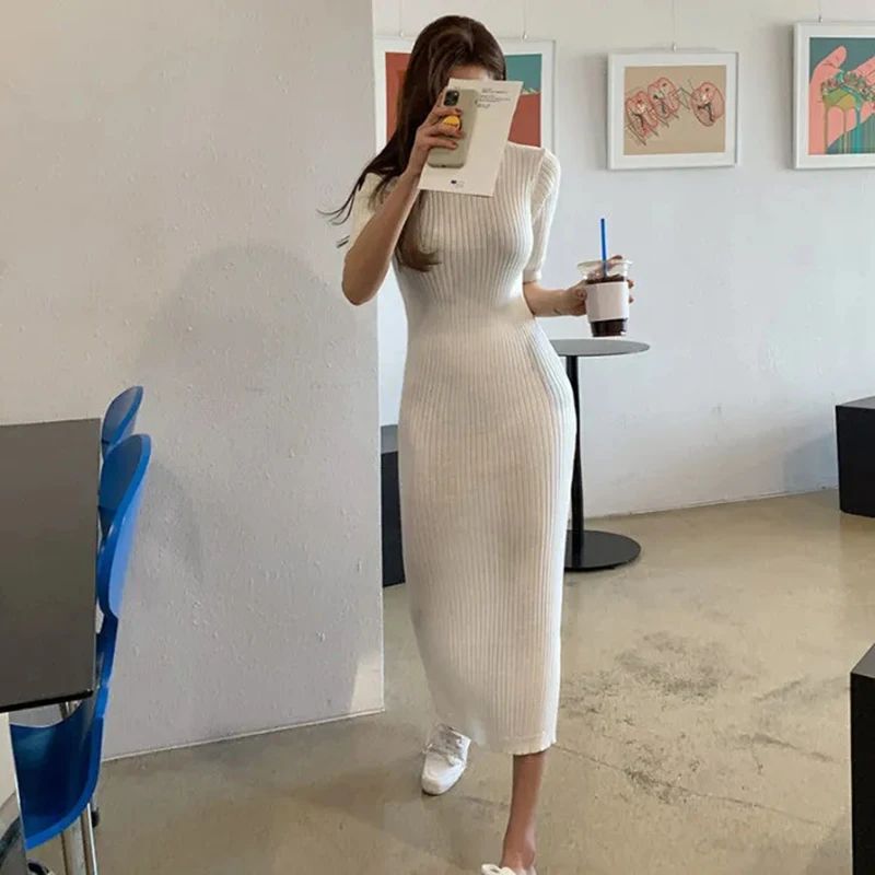

2021 knit dress, short sleeves, thin section, slim fit, buttocks, thin, long, long dress, female white