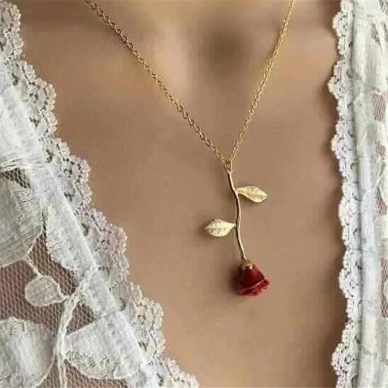 

Christmas gift New jewelry creative drop delicate Red Rose Pendant Necklace for girlfriend Valentine's Day gift