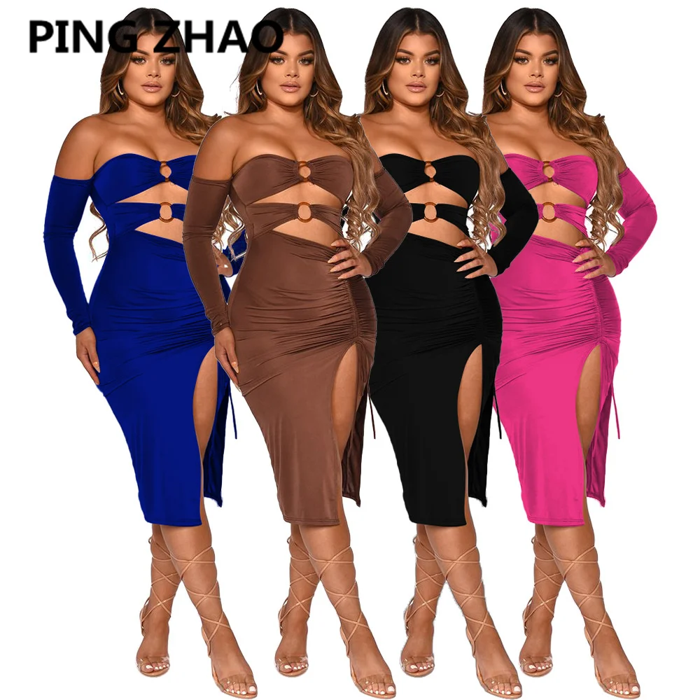 

PING ZHAO European and American Sexy Party Night Dresses Autumn Women Off Shoulder Hollow out Split Midi Dress