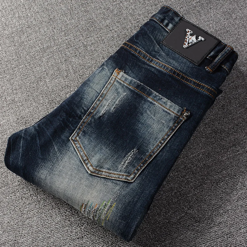 Korean Style Fashion Men Jeans Retro Black Blue Elastic Slim Fit Ripped Jeans Men Embroidery Designer Hip Hop Denim Punk Pants