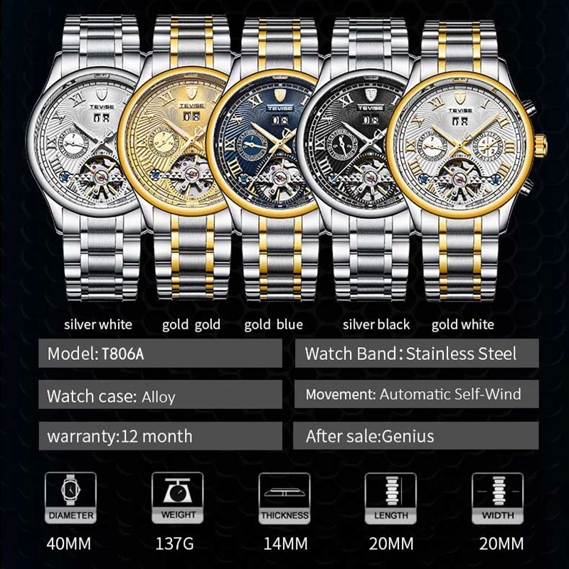 

TEVISE Mens Watches 2020 Month Week Display Luminous Hands Clock Wrist Male Sport Relojes Para Hombre
