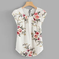 blouses for women casual round neck basic floral pleated top cap short sleeve shirt women blouse ladies tops ropa mujer s