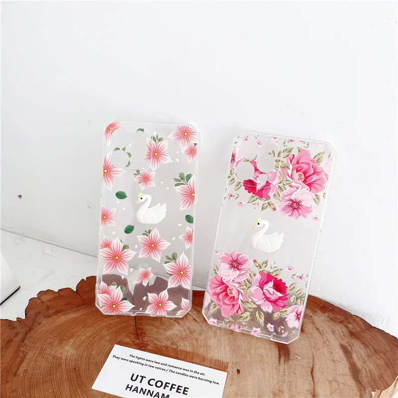 

3D Cute Cartoon Swan Flower Phone Case for iPhone 11 12 Pro Max Mini X XR XS Max 7 8 Plus SE 2020 Soft TPU Full Protection Cover