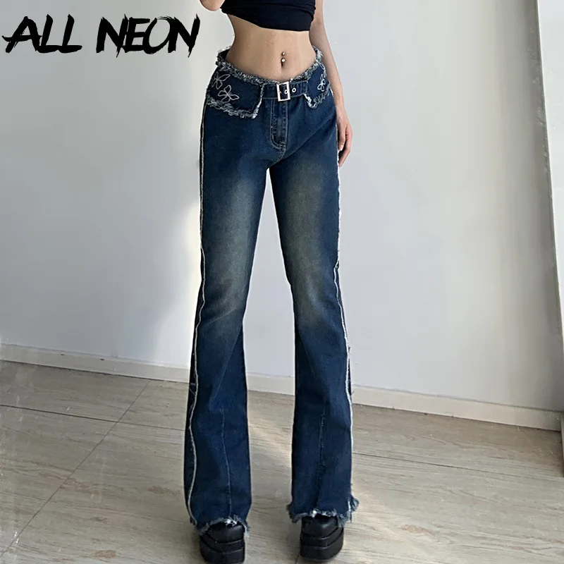 

ALLNeon Y2K Aesthetics Fashion Butterfly Embroidery Distressed Flare Jeans 2000s Streetwear Belted High Waist Blue Denim Pants
