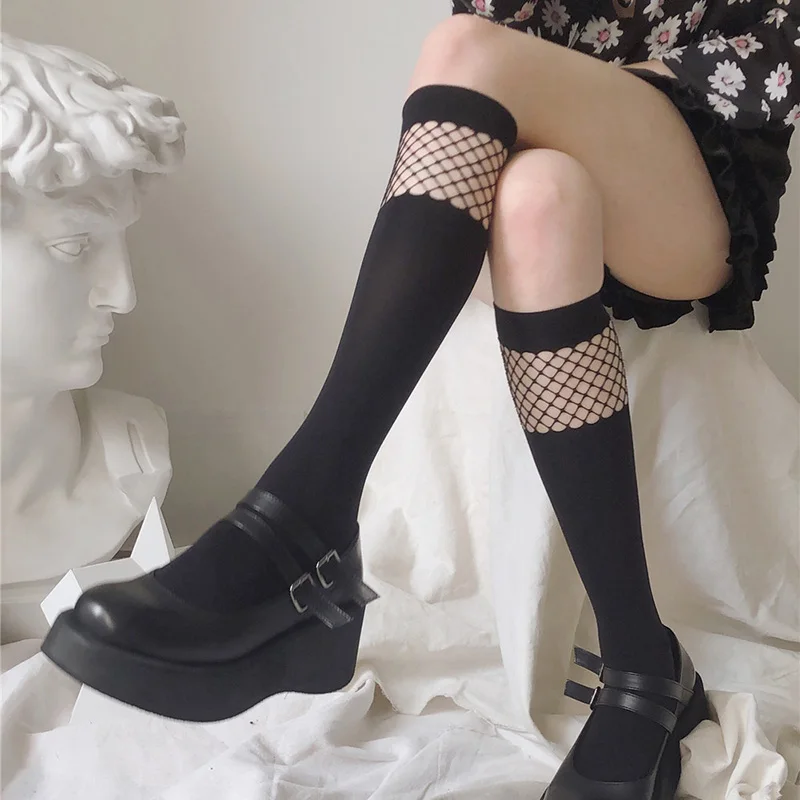 JK Black Stockings Women Patchwork Mesh High Knee Socks Female Lolita Long Socks Girls Dress Calcetine Medias