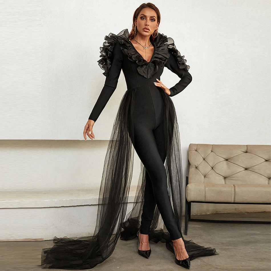2022 New Spring Women's Sexy Black Ruffled Long Sleeve V-neck  Patchwork Bodycon Bandage Jumpsuit Elegant Club Party Jumpsuit