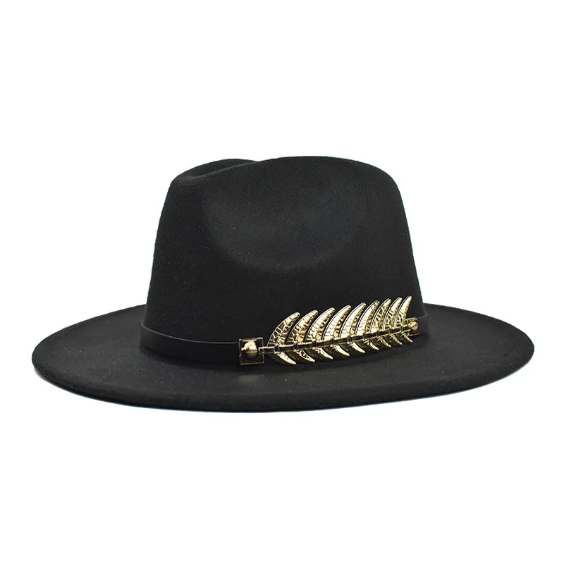 

Women man four seasons flat-edge woolen top hat, metal fish bone belt, large eaves felt hat, plain weave top hat