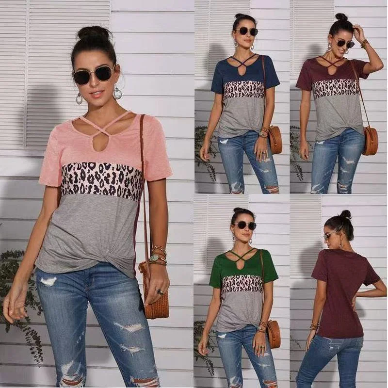 

Summer New Women's Top Leopard Print Stitching Cross Belt Hollow Loose Comfortable Short-sleeved T-shirt Ladies Clothing WH08