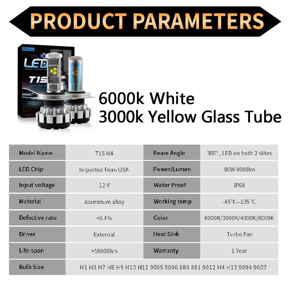 Светодиодная лампа T1S H4 светодиодная фара 6000K 3000K белая желтая 9004 HB1 9007 HB5 12 В