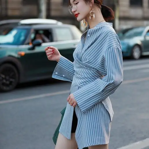 Полосатая длинная рубашка для женщин со стоячим воротником Лоскутная Туника с