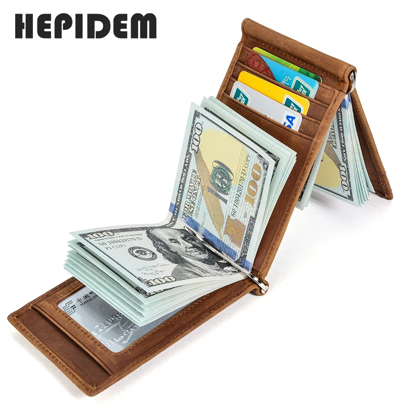 

HEPIDEM RFID High Quality Crazy Horse Genuine Leather Slim Wallet 2020 New Front Pocket Money Dollar Bill Purse for Men HW2020