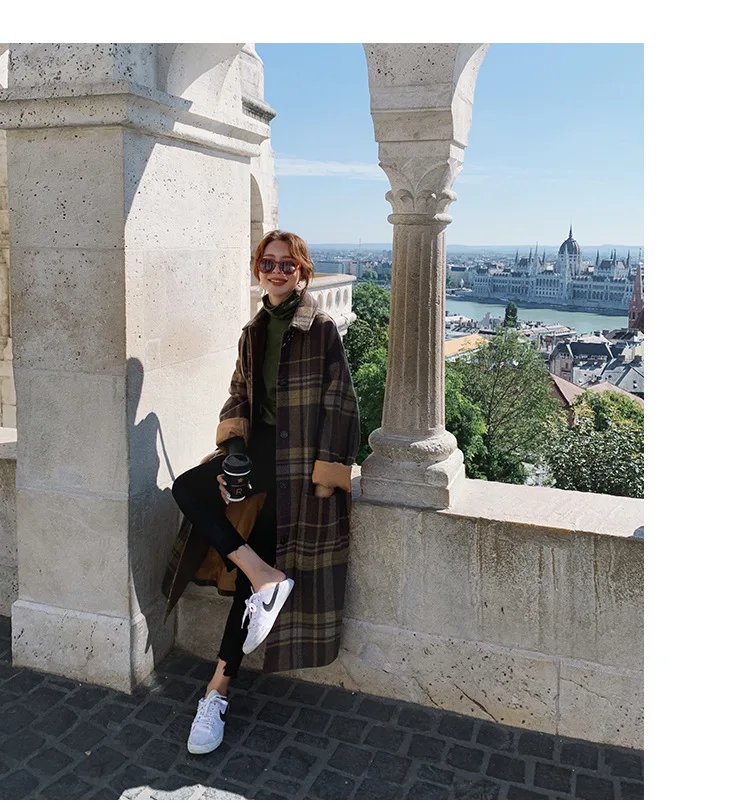 Шерстяное клетчатое пальто для фотосессии, женское, средней длины, зима, стиль, корейский стиль, модное, элегантное, свободное, Дафлкот, модное пальто