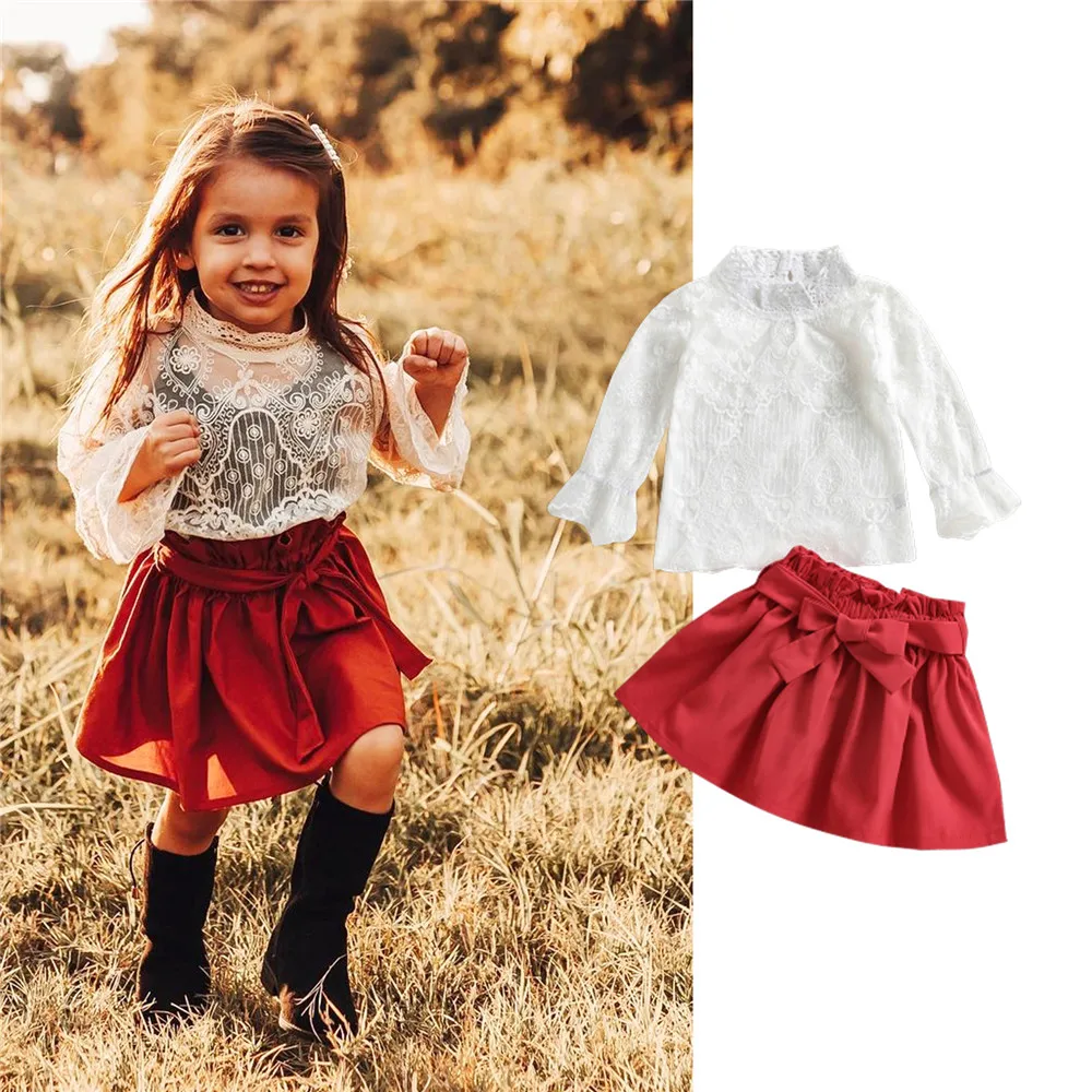 

Модный комплект одежды для маленьких девочек, белый кружевной пуловер, топ, красная мини-юбка, для детей от 18 мес. до 6 лет, весенняя и осенняя ...