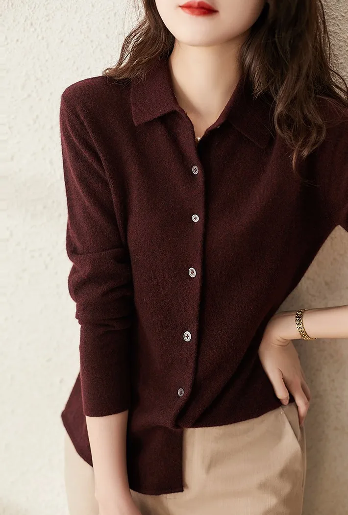 

100% Wool Sweater Cardigan Tops Polo Collar Women Shirt Korean Fashion Knitted Long Sleeve Winter Woman Brown Cropped Cashmere