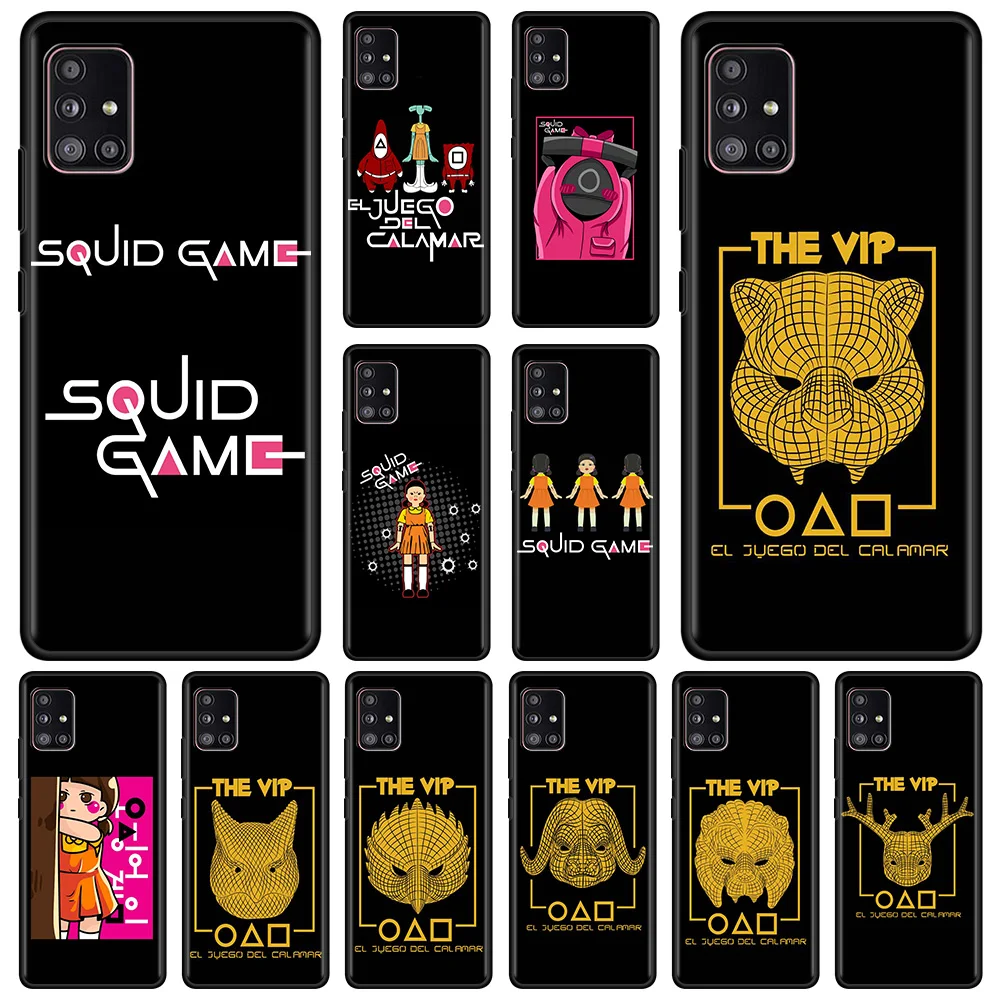 

squid game Cartoon Pattern Black Phone Case For Samsung A51 A12 A52 A72 A21s A71 A32 A31 A02s A11 A41 A22 A42 A02 F42 TPU Fundas