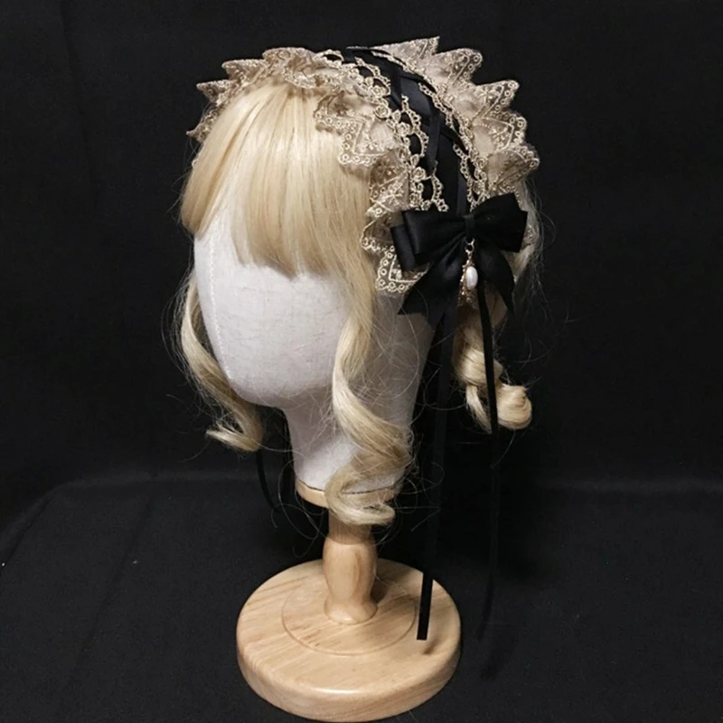 

Gothic Lolita Lace Headband Ribbon Bow Pearl Pendant Sweet Cosplay Headdress X7YA