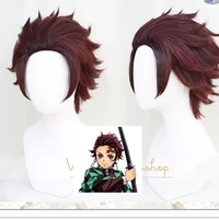 demon slayer kimetsu no yaiba tanjiro kamado short chestnut brown heat resistant hair cosplay anime wig wig cap