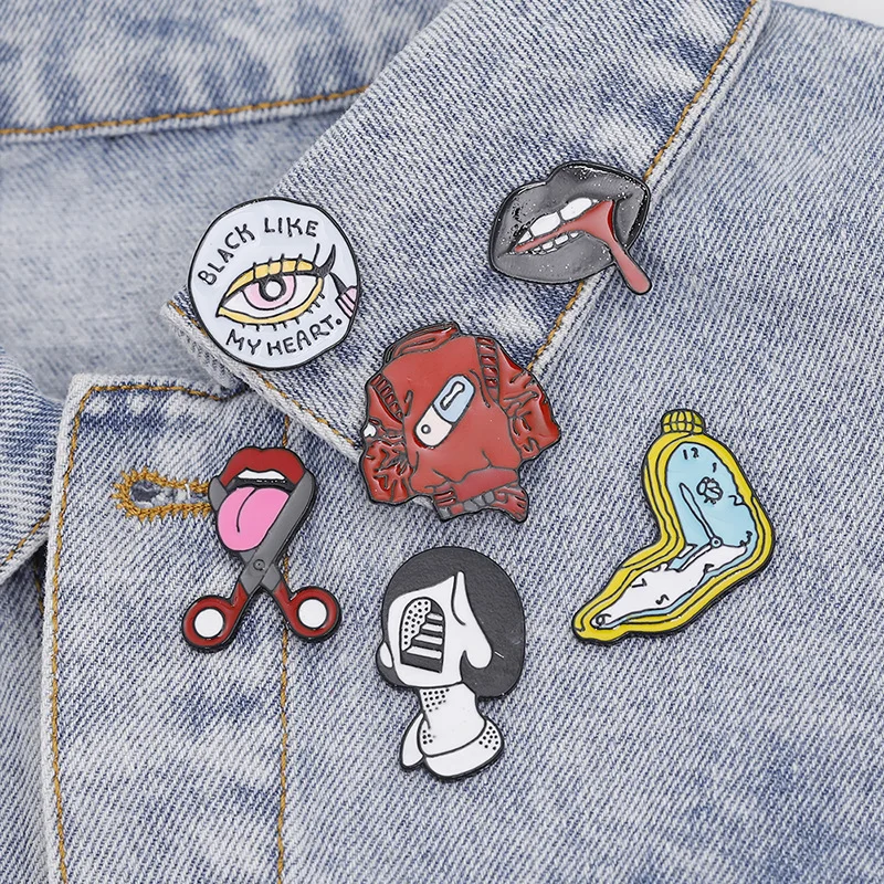 

Funny Halloween Black Pill Eyeliner Tongue Lips Brooches Enamel Pin Twisted Clock Denim Lapel Pin Bag Punk Cool Jewelry Gift fo
