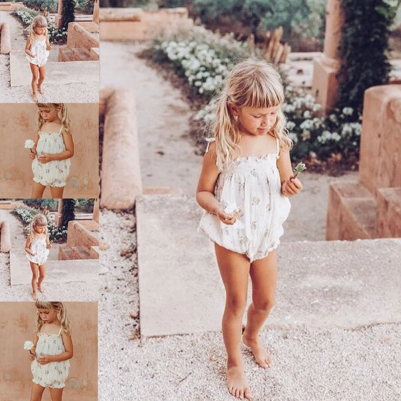 

066B Toddler Girls Sleeveless Rompers Tie Up Strap Jumpsuit Floral Ruffled Onesies