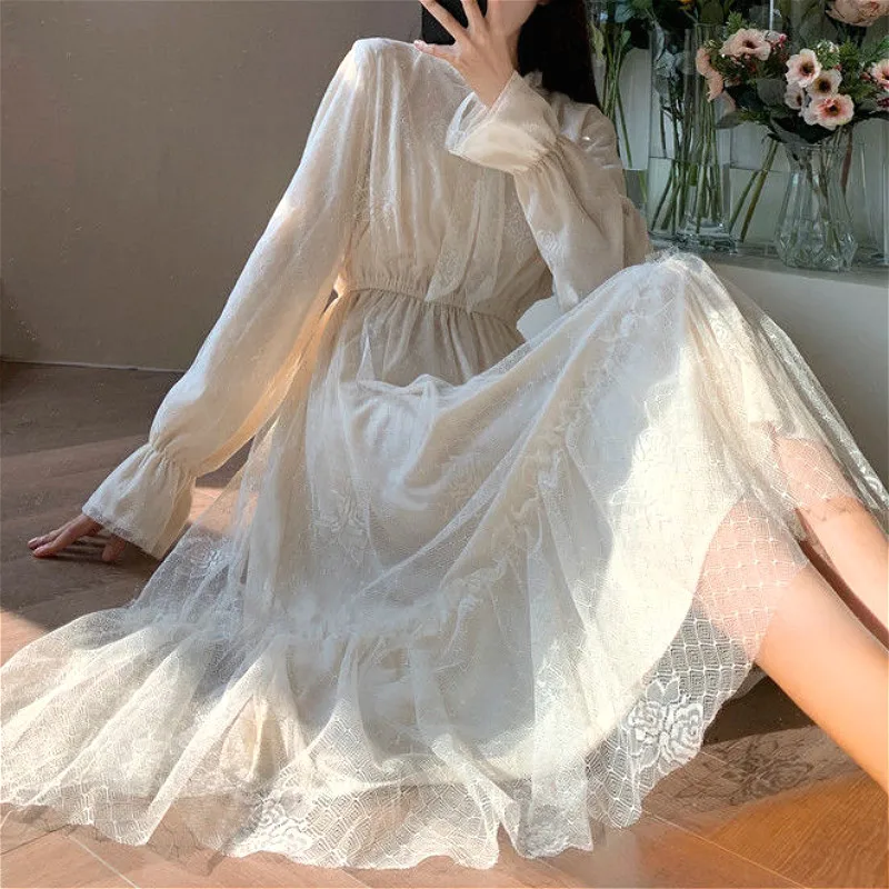 

White Elegant Dress Women Casual Long Sleeve Lace Fairy Party Dress Sweet High Waist Bow Female One-Piece Autumn 2021 Korean