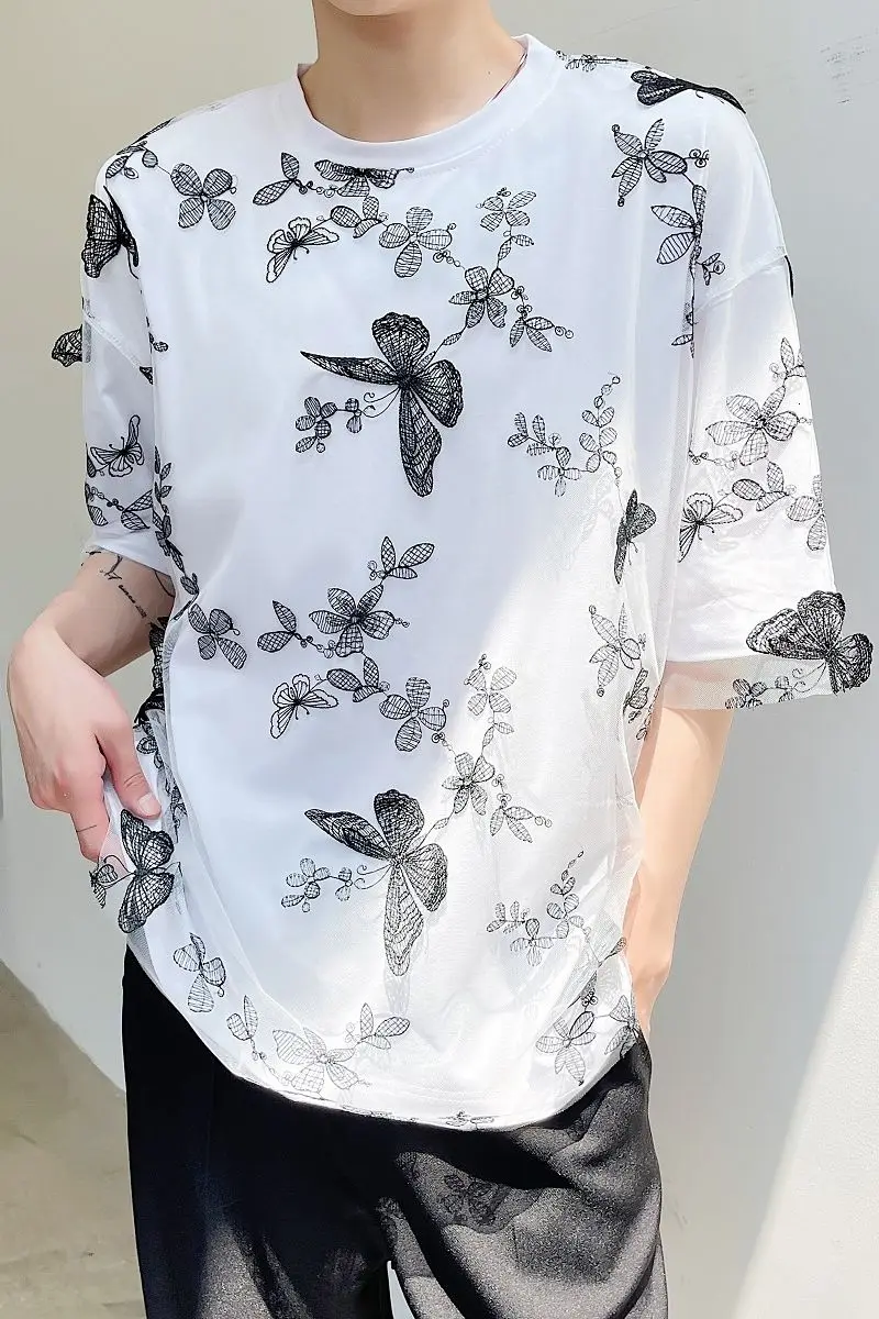 

T-shirt Men Short-sleeved Summer Round Collar Personality Butterfly Embroidery Mesh Knitting Double Trend The New Listing
