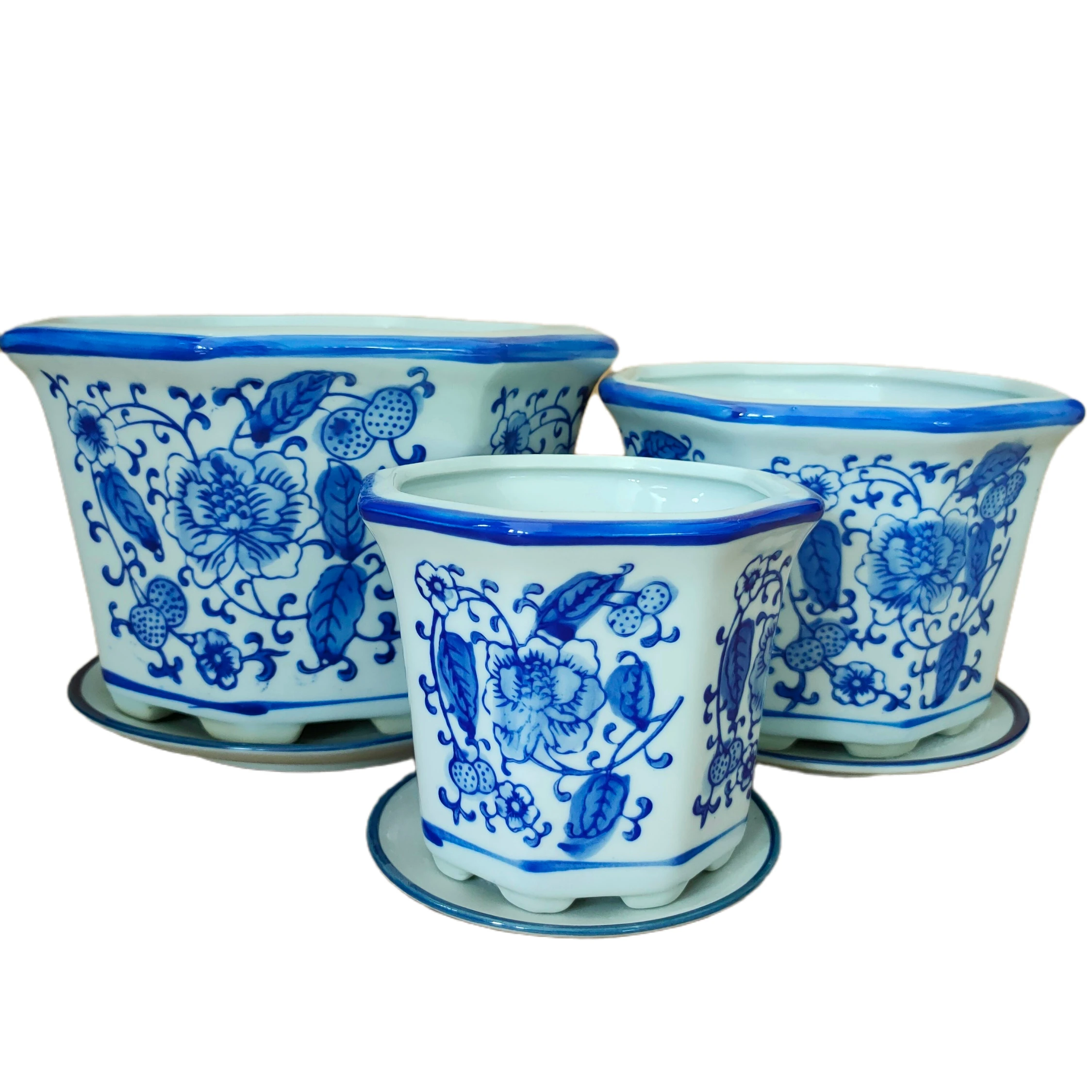 Classical Hand Paint Flower Design Ceramic Planter Blue and White Porcelain Flower Pot Set of 3
