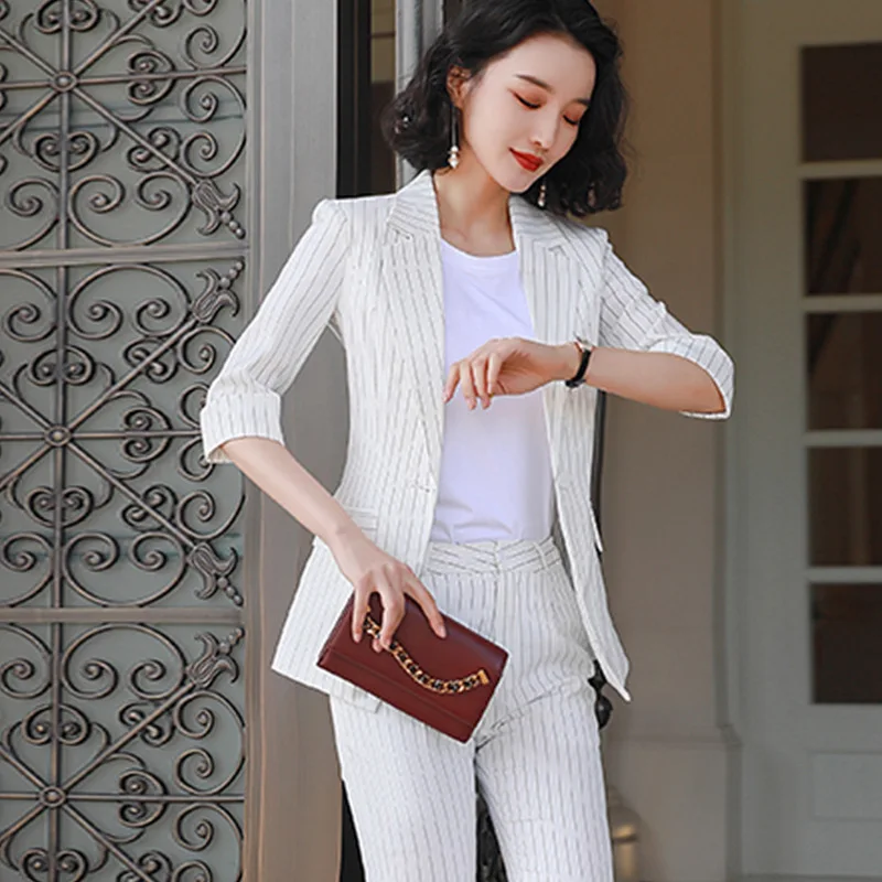 Новинка 2020 белый женский элегантный полосатый Женский костюм блейзер и брюки