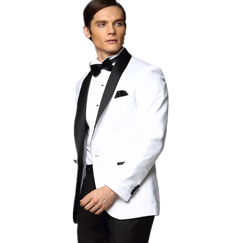 

White Wedding Suits For Men Black Shawl Lapel Groomsmen Tuxedos Mens Suits Slim Fit Groomsmen Suit (Jacket+Pants)