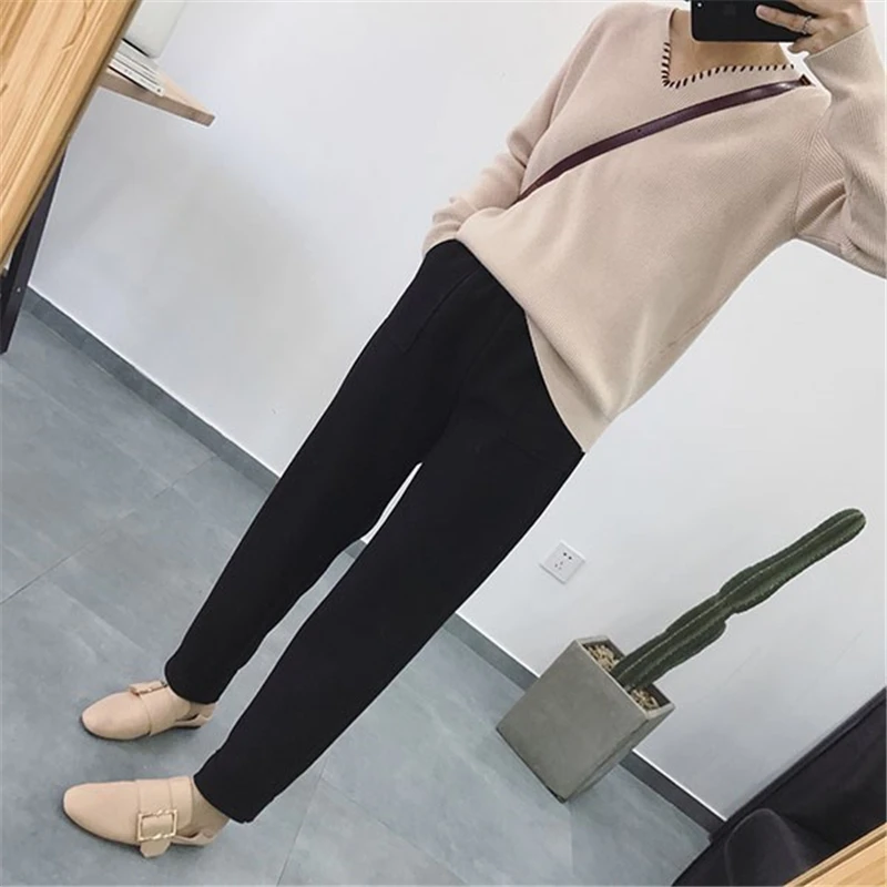 BGTEEVER Autumn Winter Thicken Pants Women Elastic Waist Pockets Woolen Female Pencil Pant Elegant Warm Trousers femme