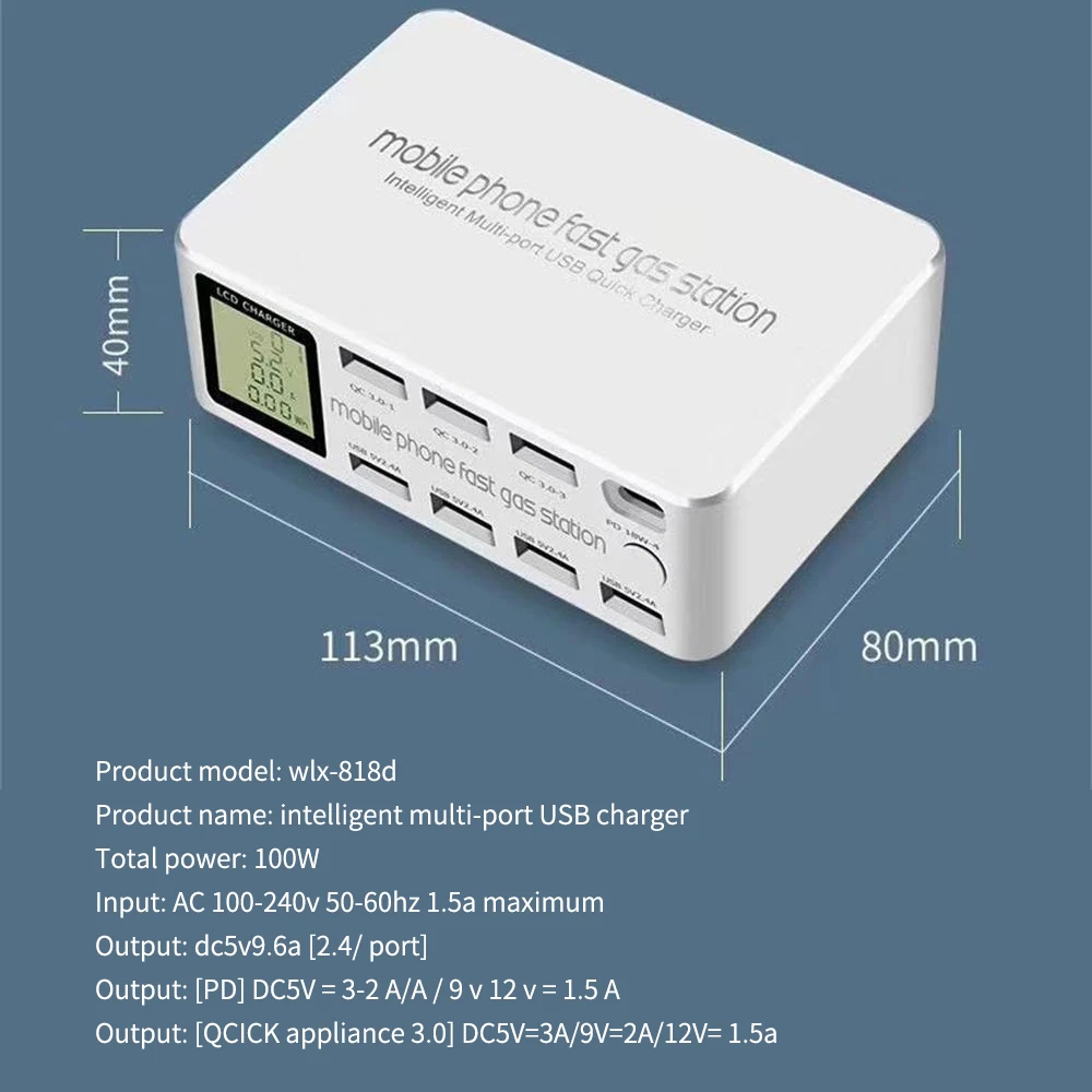 

Intelligent Multi-port USB Quick Charger PD 100W Smartphone Pad LCD Charging Station Output Type-C 8 Port USB QC 3.0 Adapter FS