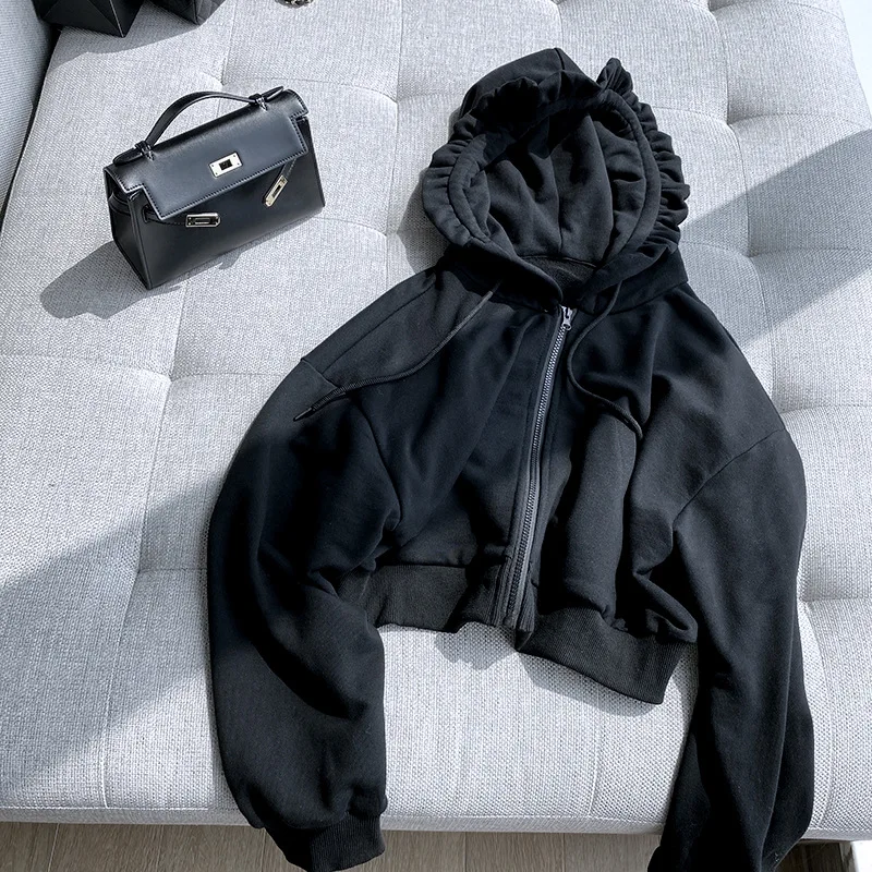 

2021 Spring Women Crop Tops Short Hoodies Hooded Korean Casual Gray Black Cotton Sweatshirt Tops