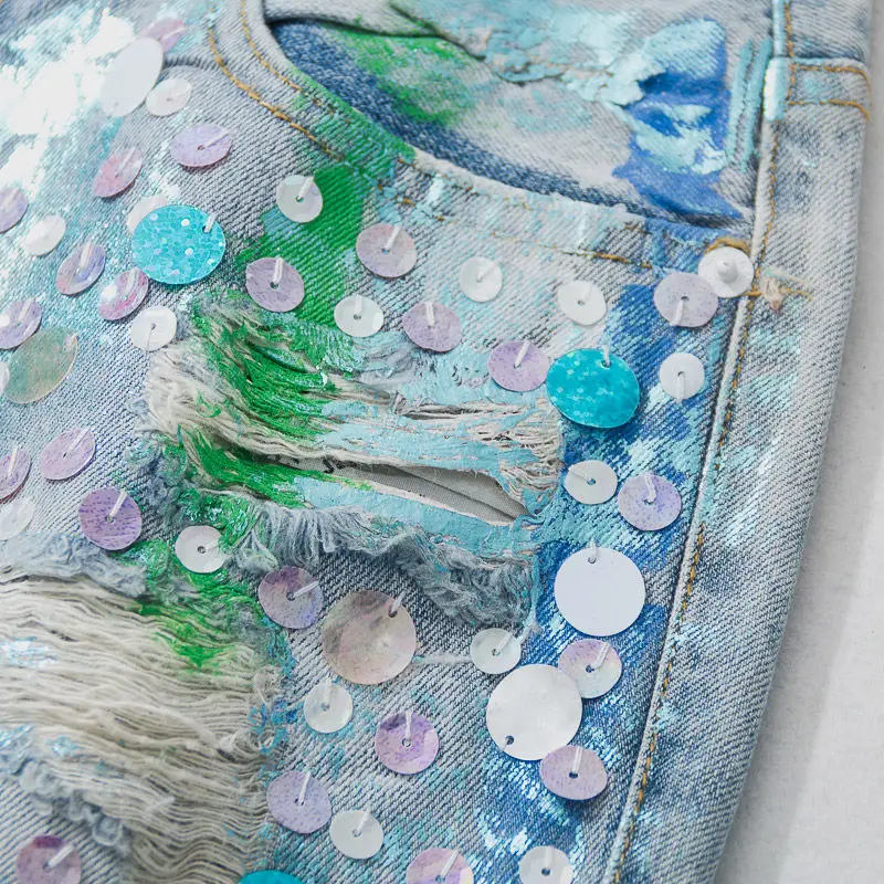 

Summer Korean Womens Ladies Sequined Tassel Rippe Hole Colored Denim Shorts , 2020 New Glitters Jeans Shorts for Woman