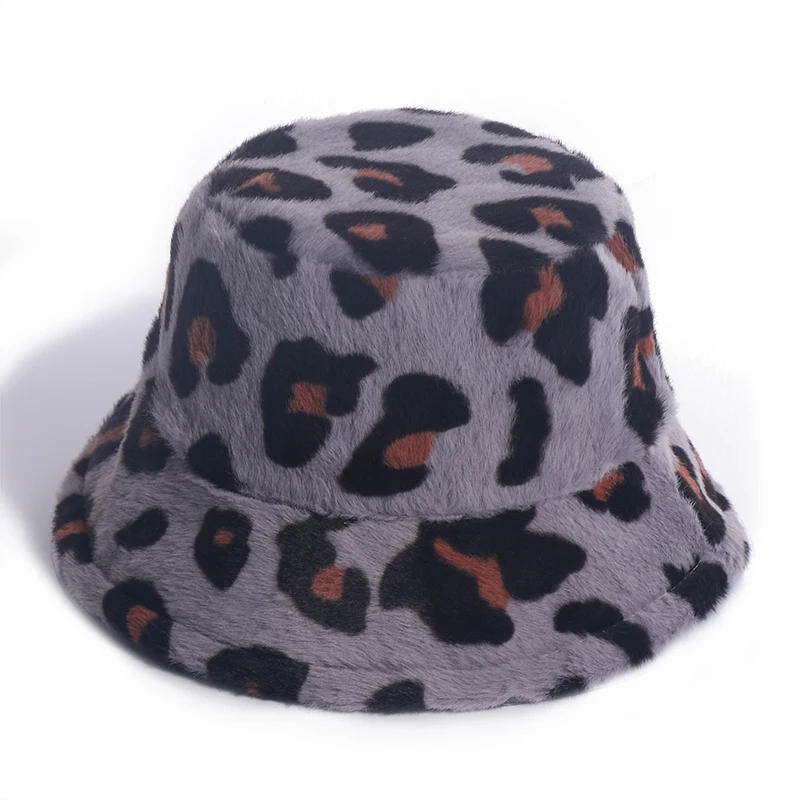 Winfox New Fashion Soft Leopard Faux Fur Bucket Hats For Women Warm Caps Winter 2020