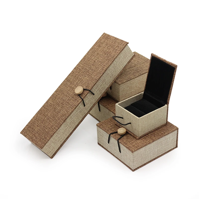 Wooden Buckle Design Linen Jewelry Ring Pendant Bracelet Long Chain Box With Built-in Plush Card Slot Dimensional Colored Paper