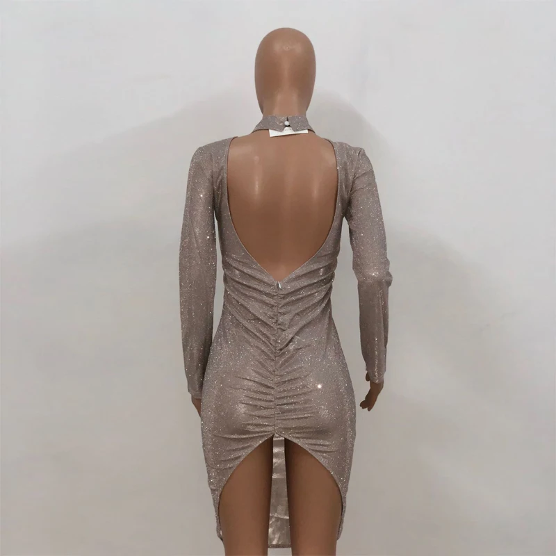 Блестящее коктейльное платье миди с длинным рукавом цвета шампанского Короткие