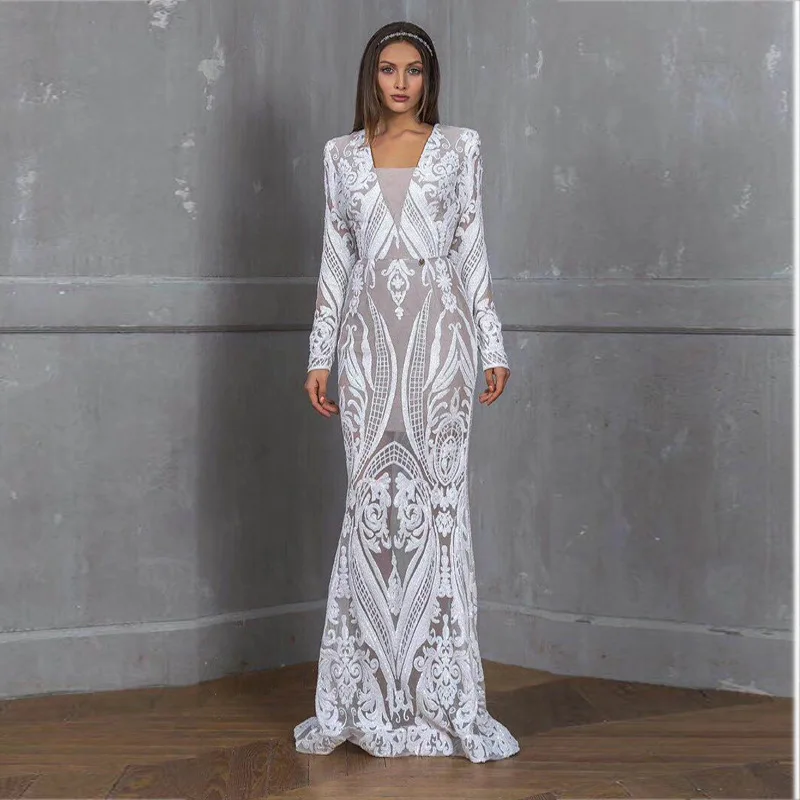 Long Sleeves Lace Wedding Dresses 2019 Bohemian V Neck Bridal Dress Mermaid Bride Gown | Свадьбы и торжества