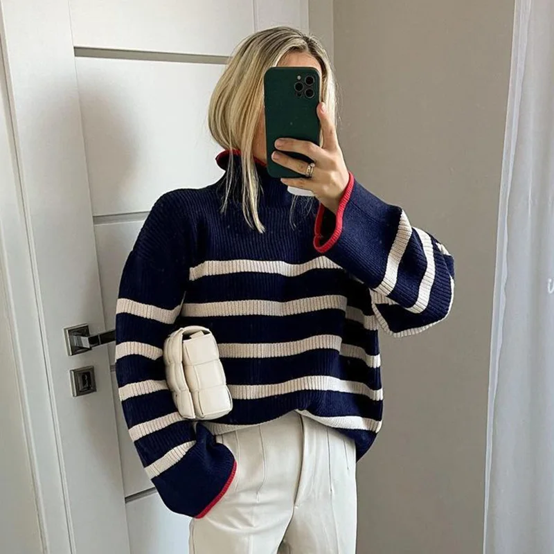 

Ardm Casual Turtleneck Loose Navy Stripe Winter Pullover Long Sleeve Color Contrast Kintted Za Women Sweater Tops