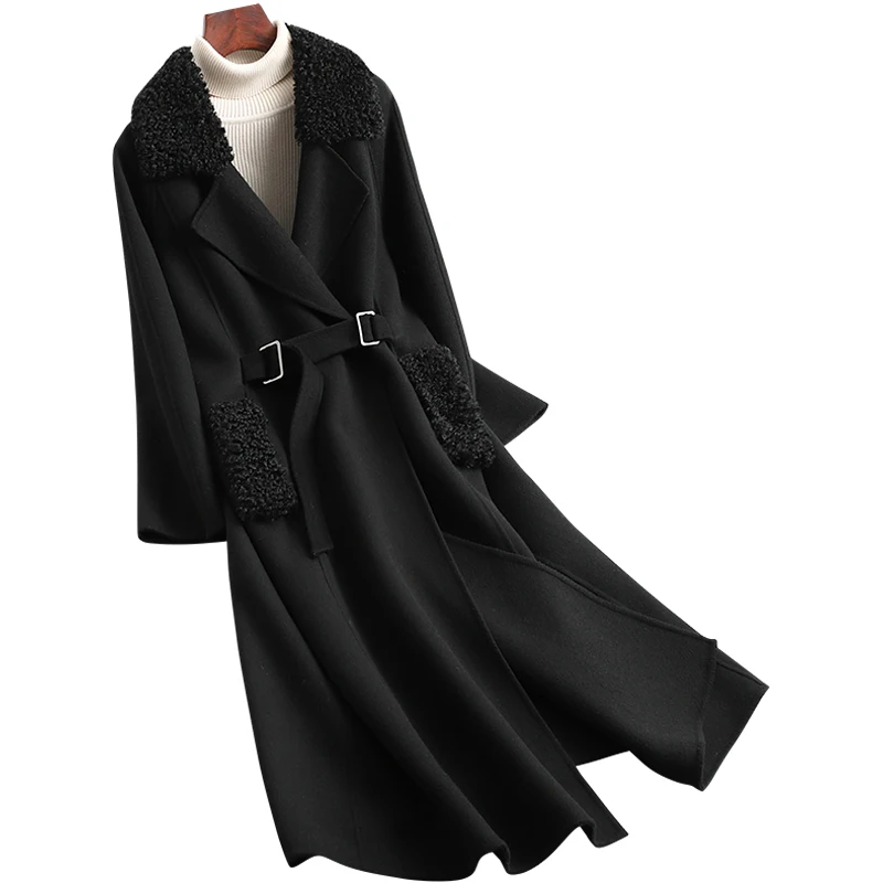 

High-end female knee-high long cashmere coat loose cloth coat collar pure wool double-sided wool coat black spring winter 2020