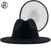 fs 60cm black white patchwork wool felt jazz fedora hats men women flat wide brim hat panama trilby cowboy vintage hat 2020 new