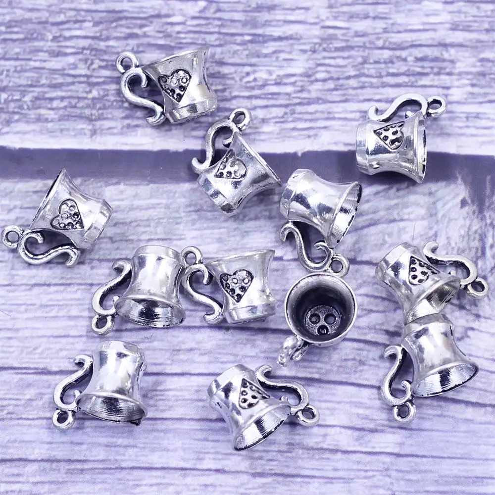 

20Pcs Pendants Heart In Cup Metal Antique Silver Tone For Charm Bracelets Fashion Jewelry DIY Findings Craft 14mm
