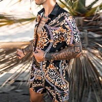 mens summer plus size fashion casual print quick dry hawaiian beach style loose shorts sleeved shirt set