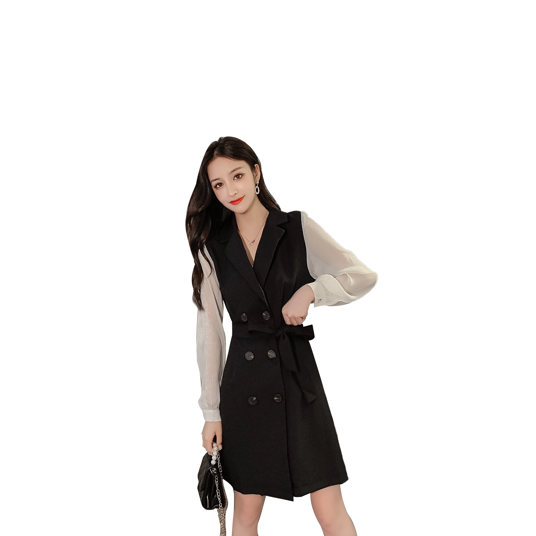 

Will fall on the new double-breasted suit black dress show thin waist cathay took